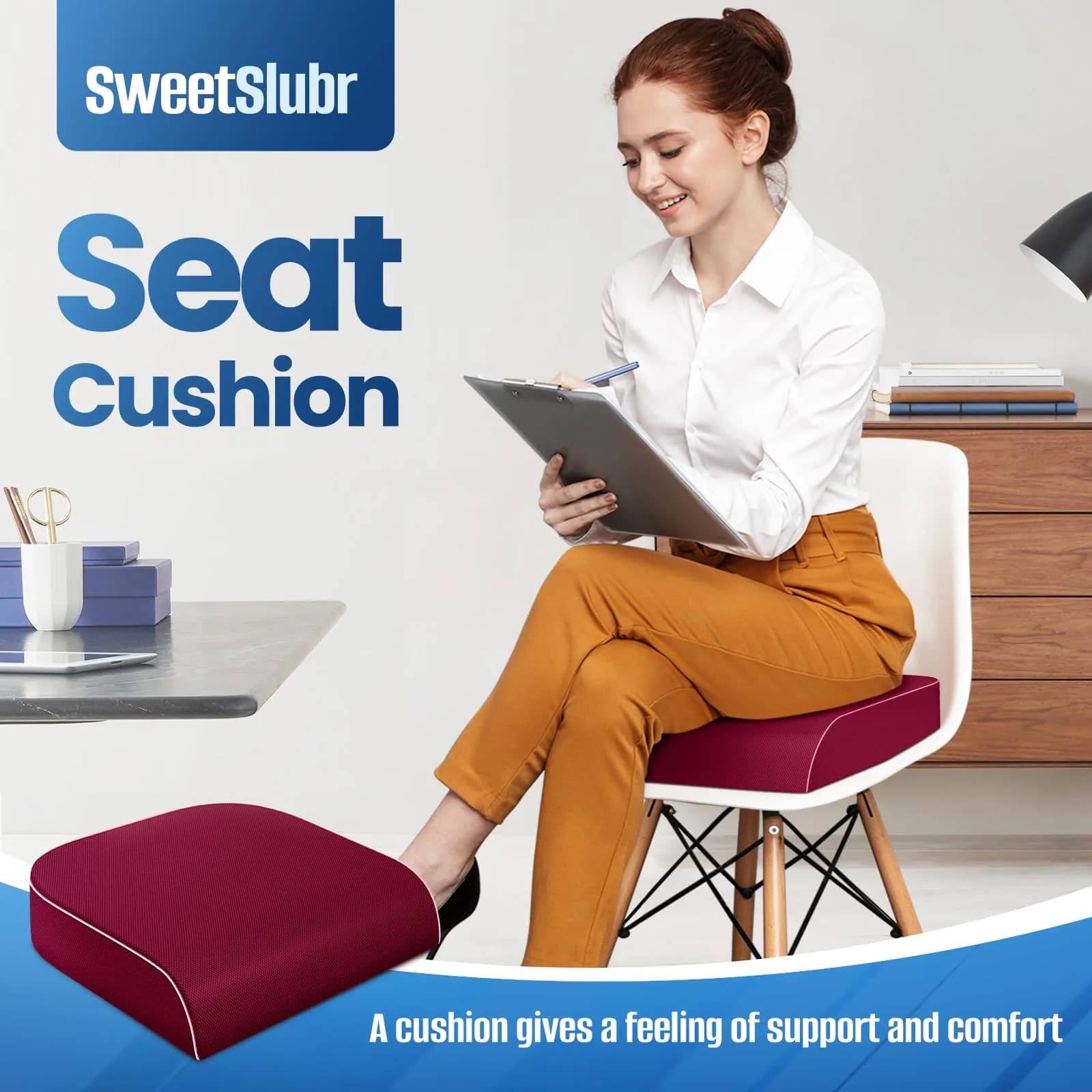 SweetSlubr Red Memory Foam Seat Cushion with Non-Slip Cover, 2X-Large | Ergonomic Design for Tailbone Pain Relief - view 3
