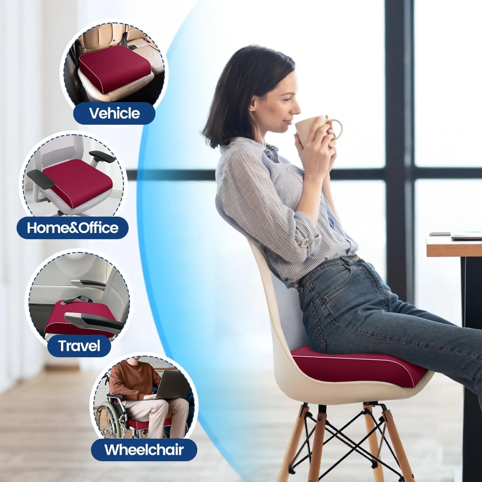SweetSlubr Red Memory Foam Seat Cushion with Non-Slip Cover, 2X-Large | Ergonomic Design for Tailbone Pain Relief - view 6