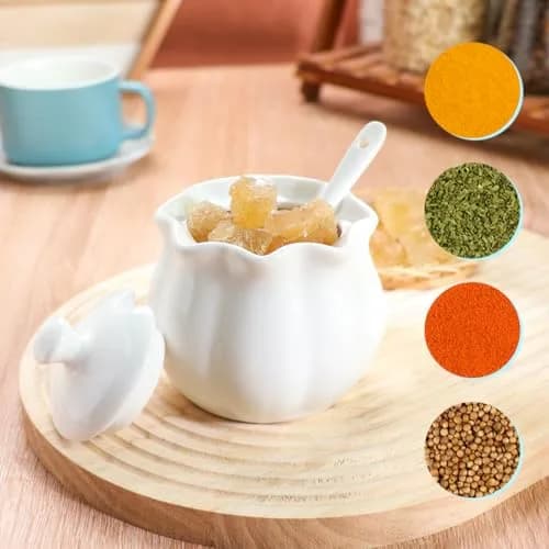 Swetwiny Ceramic Sugar Bowl with Lid and Spoon | Flower-Shaped Porcelain Salt Storage Jar, 9 Ounces thumbnail 5