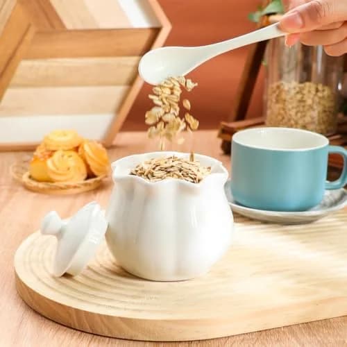 Swetwiny Ceramic Sugar Bowl with Lid and Spoon | Flower-Shaped Porcelain Salt Storage Jar, 9 Ounces thumbnail 7