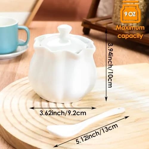 Swetwiny Ceramic Sugar Bowl with Lid and Spoon | Flower-Shaped Porcelain Salt Storage Jar, 9 Ounces thumbnail 4