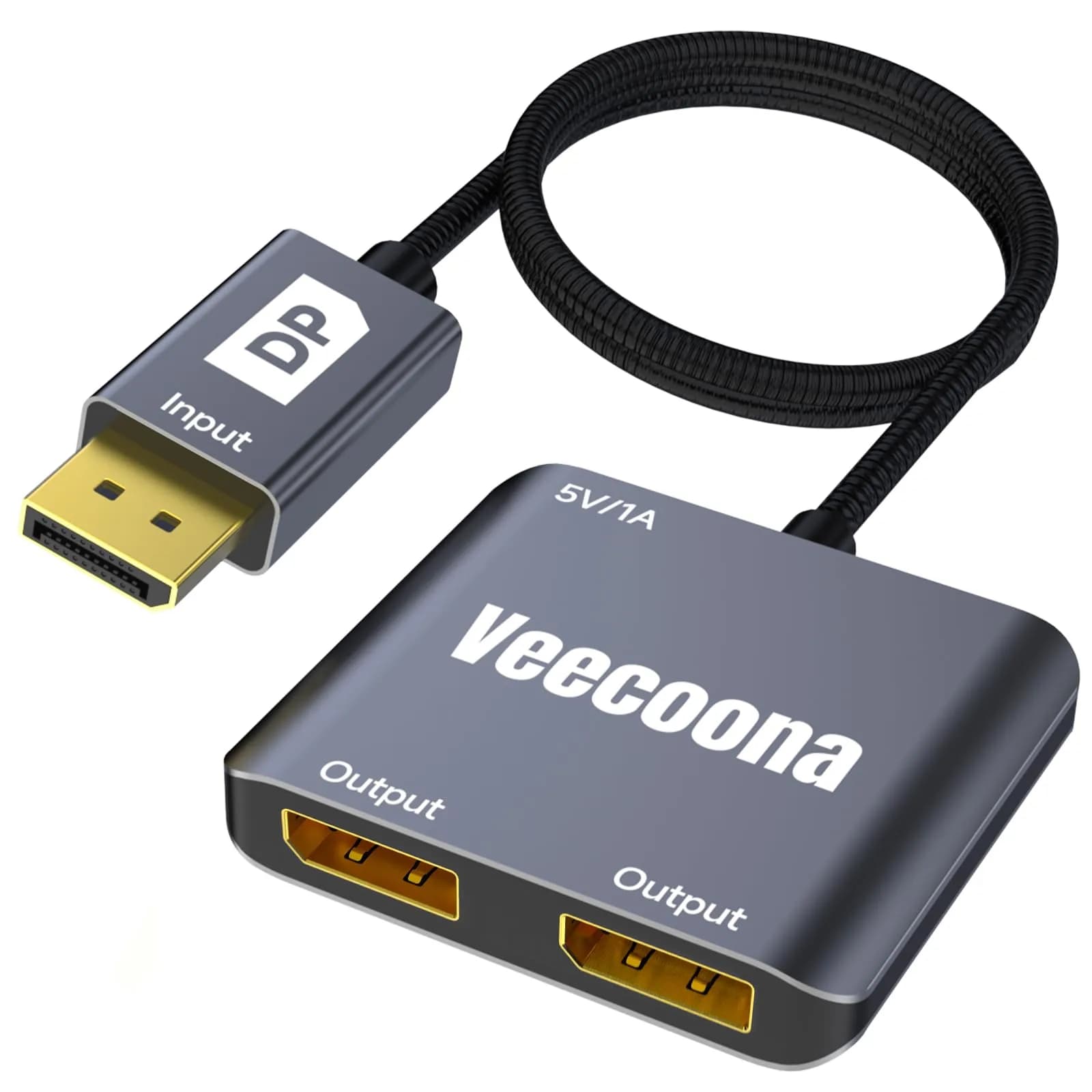 Veecoona DisplayPort to Dual DisplayPort Splitter 4K60Hz | Supports Windows/Linux, MacOS Mirroring (1 in 2 Out, Aluminum Housing) - main product image