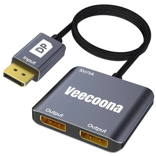 Veecoona DisplayPort to Dual DisplayPort Splitter 4K60Hz | Supports Windows/Linux, MacOS Mirroring (1 in 2 Out, Aluminum Housing) thumbnail 1