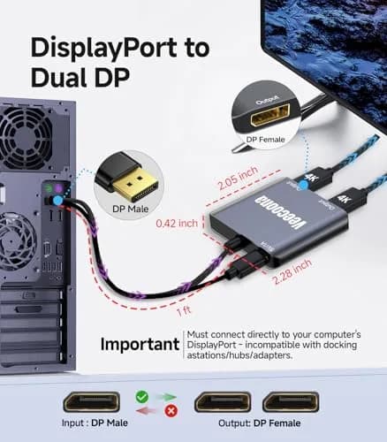 Veecoona DisplayPort to Dual DisplayPort Splitter 4K60Hz | Supports Windows/Linux, MacOS Mirroring (1 in 2 Out, Aluminum Housing) thumbnail 5