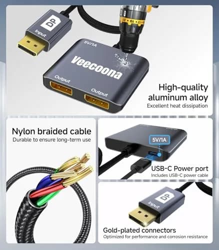 Veecoona DisplayPort to Dual DisplayPort Splitter 4K60Hz | Supports Windows/Linux, MacOS Mirroring (1 in 2 Out, Aluminum Housing) thumbnail 6