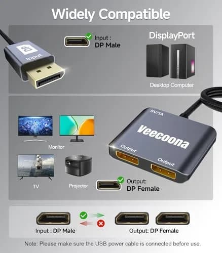 Veecoona DisplayPort to Dual DisplayPort Splitter 4K60Hz | Supports Windows/Linux, MacOS Mirroring (1 in 2 Out, Aluminum Housing) thumbnail 7