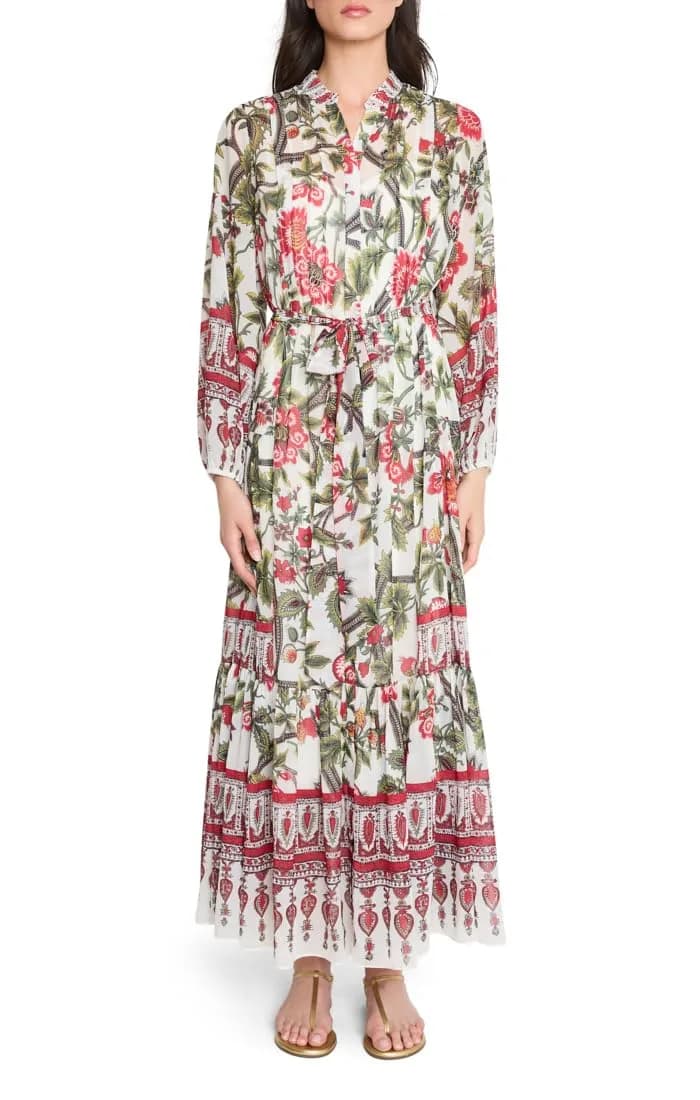 Kobi Halperin Women's Lana Dress, Ivory Multi, Medium | Floral Long Sleeve Dress with Crew Neck — Ivory