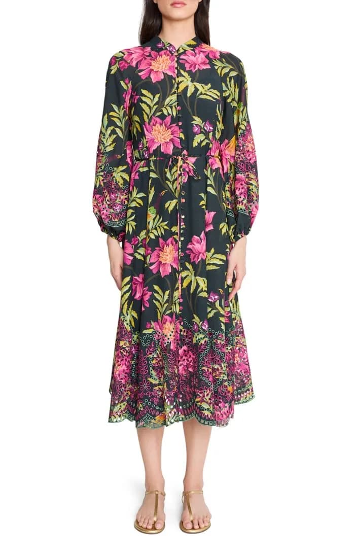 Kobi Halperin Soph Dress, Black Multi, Large | Floral Embroidered Sleeve, Effortless Luxury