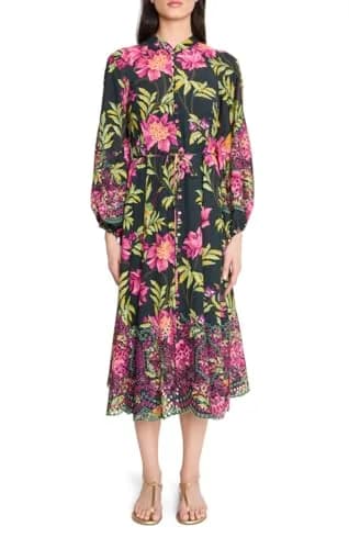 Kobi Halperin Soph Dress, Black Multi, Large | Floral Embroidered Sleeve, Effortless Luxury thumbnail 1