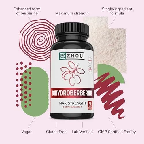 ZHOU Dihydroberberine 100 mg Supplement for Women & Men - Vegan - 30 Capsules | Natural Energy & Cardiovascular Support thumbnail 4