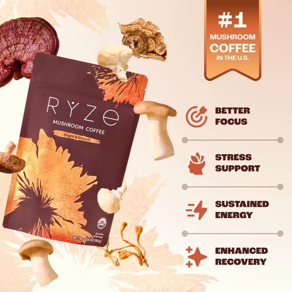 RYZE Organic Mushroom Coffee Starter Kit Medium Roast 12.7 oz (360 g) | 6 Adaptogenic Mushrooms for Energy & Focus - view 2
