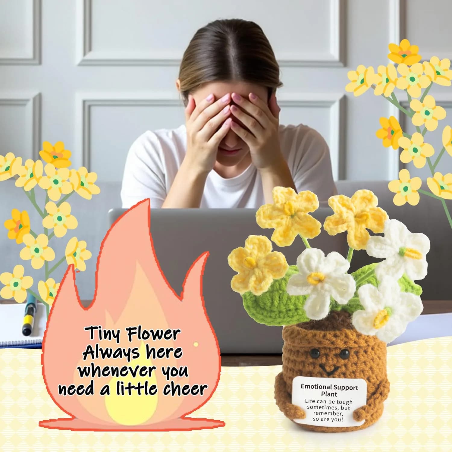 MS ZHENQIAO Forget-Me-Not Crochet Flower Potted Plant Gift | Positive Affirmation Decor - view 5
