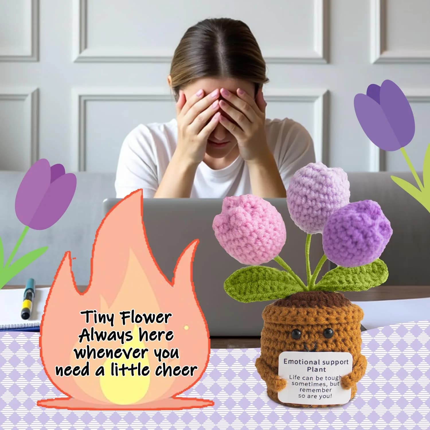 MS ZHENQIAO Handmade Crochet Tulip Purple Sunflower - 'Life is Tough But So Are You' Inspirational Gift for Women (1-Pack) - view 5