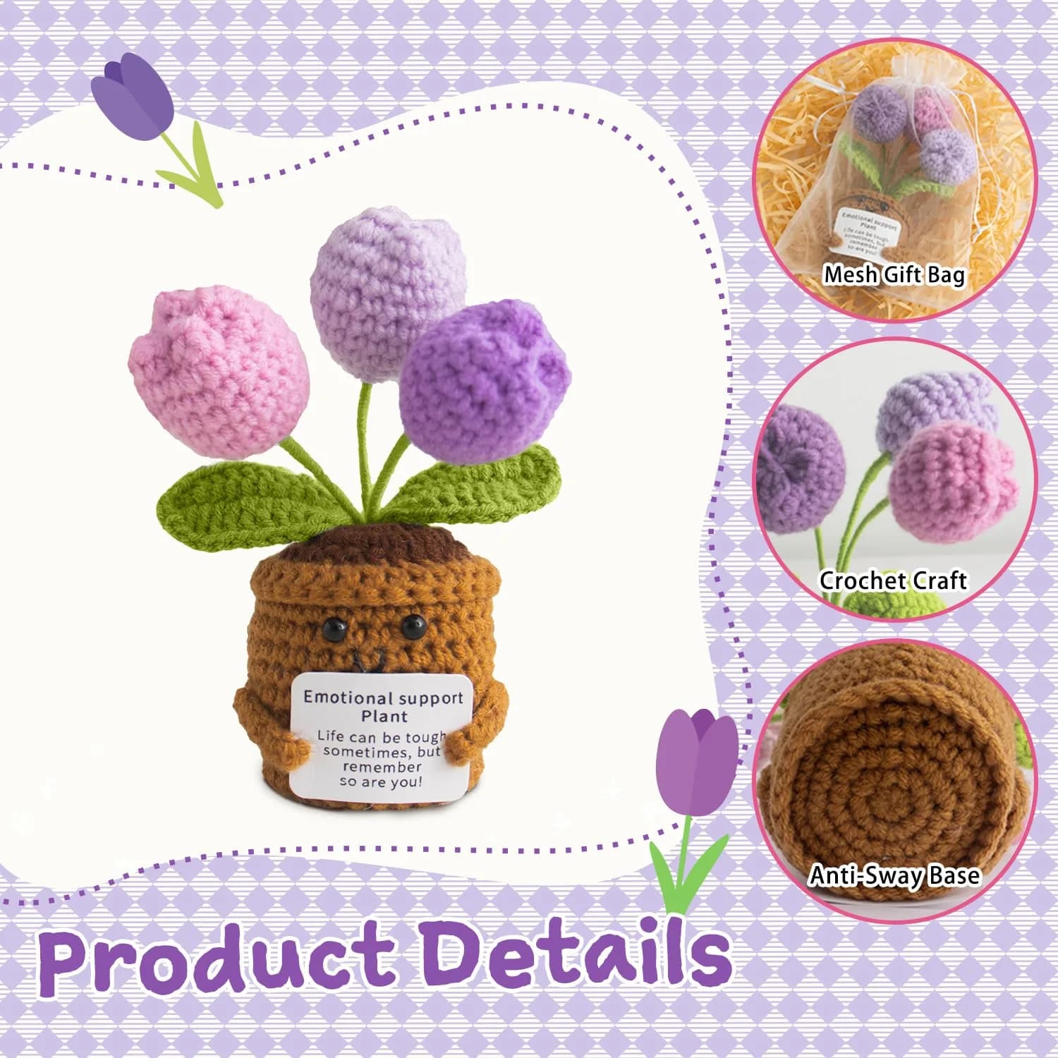 MS ZHENQIAO Handmade Crochet Tulip Purple Sunflower - 'Life is Tough But So Are You' Inspirational Gift for Women (1-Pack) - view 3