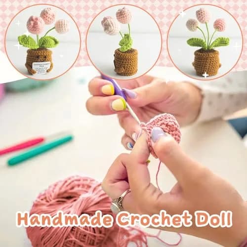 MS ZHENQIAO Tulip Pink Crochet Flower Potted Plant Gift | Emotional Support Figurine thumbnail 4