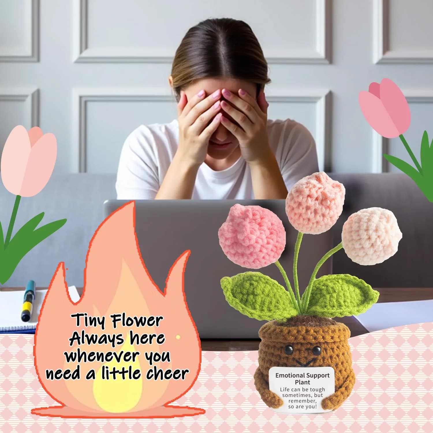 MS ZHENQIAO Tulip Pink Crochet Flower Potted Plant Gift | Emotional Support Figurine - view 5