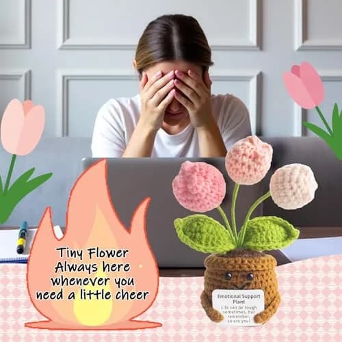 MS ZHENQIAO Tulip Pink Crochet Flower Potted Plant Gift | Emotional Support Figurine thumbnail 5