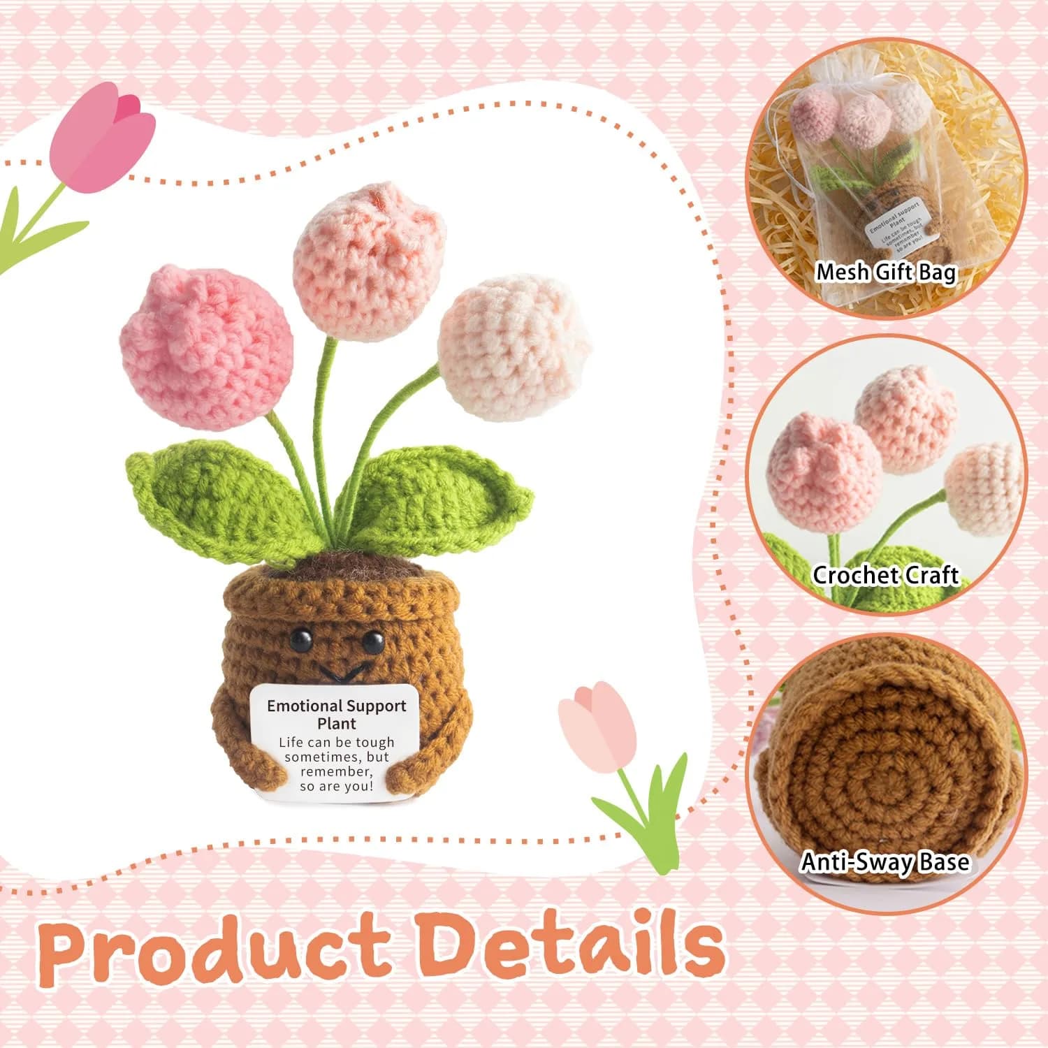 MS ZHENQIAO Tulip Pink Crochet Flower Potted Plant Gift | Emotional Support Figurine - view 3