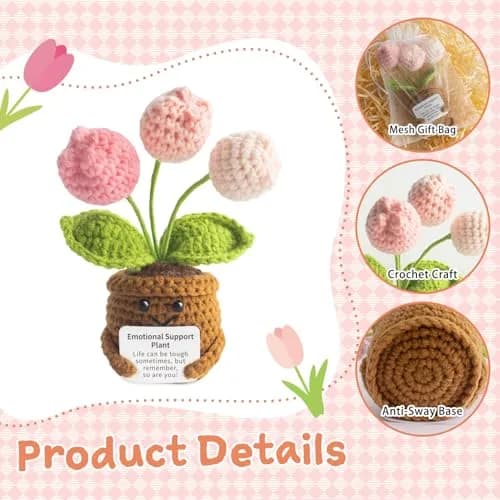 MS ZHENQIAO Tulip Pink Crochet Flower Potted Plant Gift | Emotional Support Figurine thumbnail 3