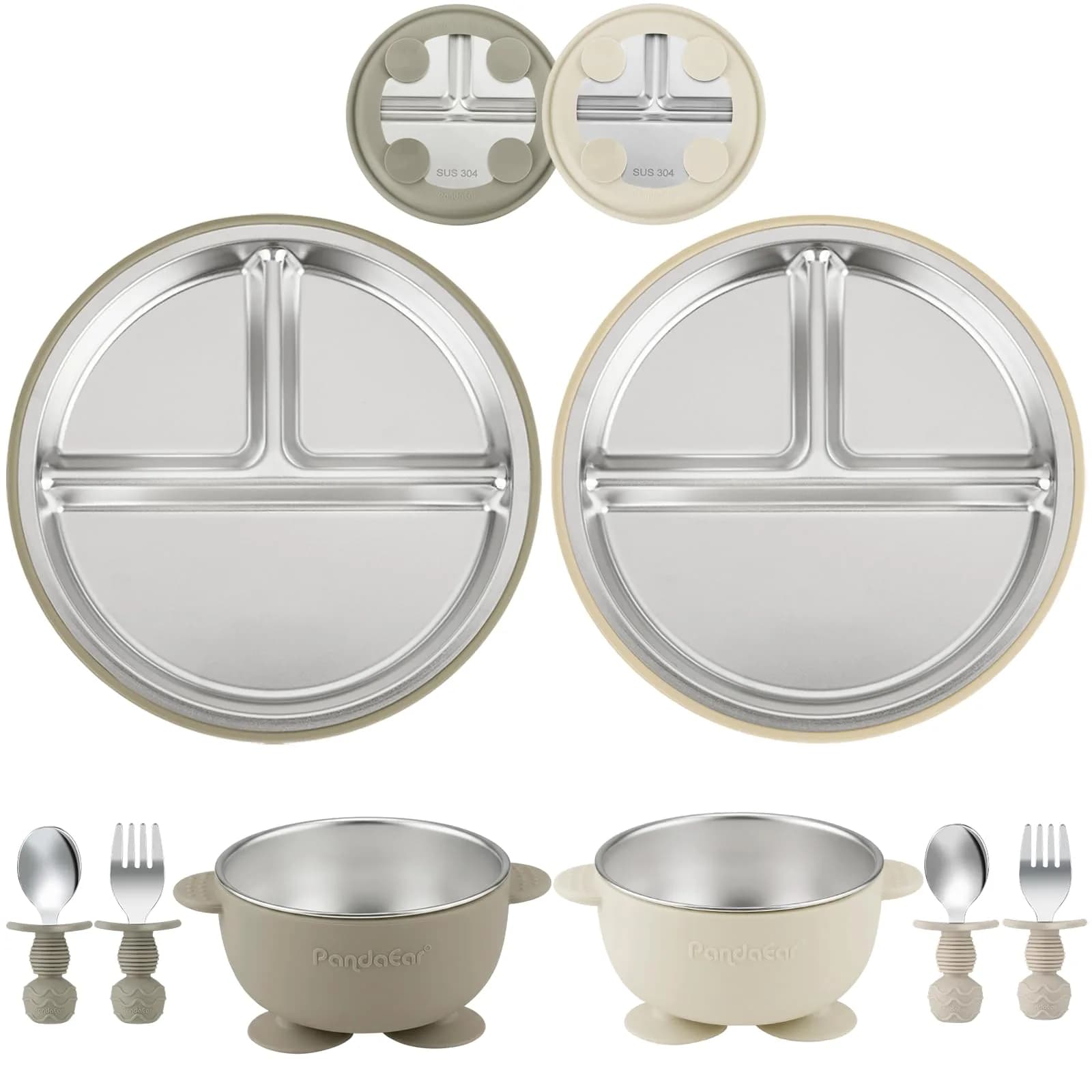 PandaEar Baby Feeding Set | Stainless Steel Plates & Bowls with Silicone Utensils | Toddler Tableware for Self-Feeding — Tan & Walnut