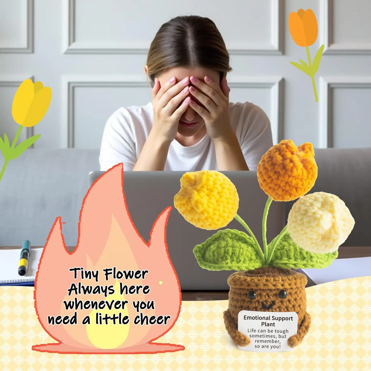 MS ZHENQIAO Tulip Yellow Crochet Flower Potted Plant Gift | Emotional Support Figurine - view 5