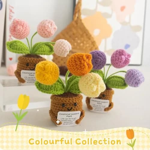 MS ZHENQIAO Tulip Yellow Crochet Flower Potted Plant Gift | Emotional Support Figurine thumbnail 7