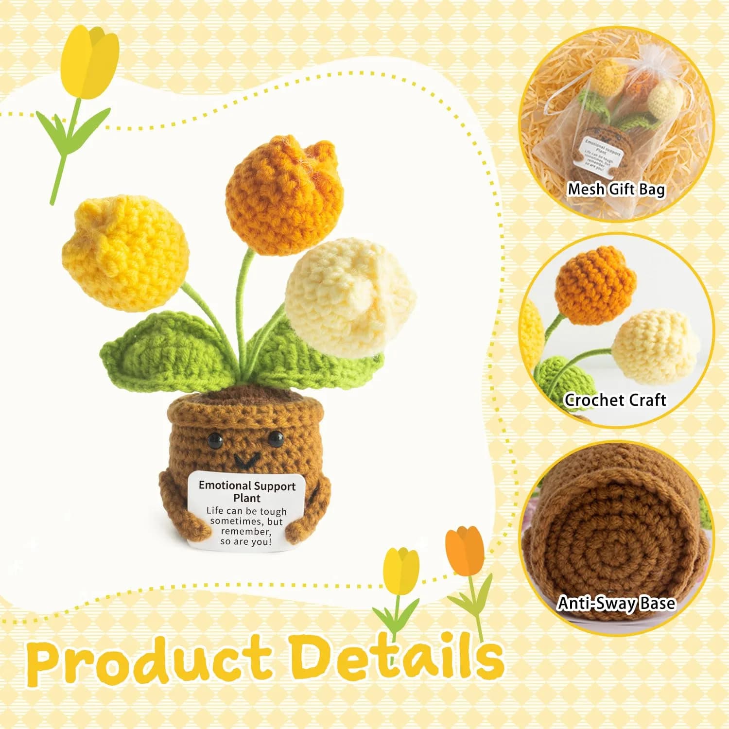 MS ZHENQIAO Tulip Yellow Crochet Flower Potted Plant Gift | Emotional Support Figurine - view 3