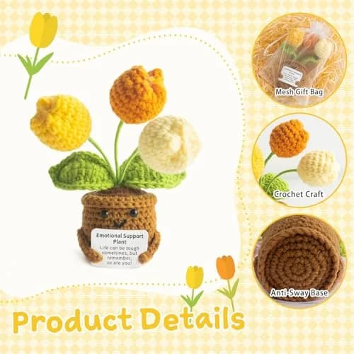 MS ZHENQIAO Tulip Yellow Crochet Flower Potted Plant Gift | Emotional Support Figurine thumbnail 3