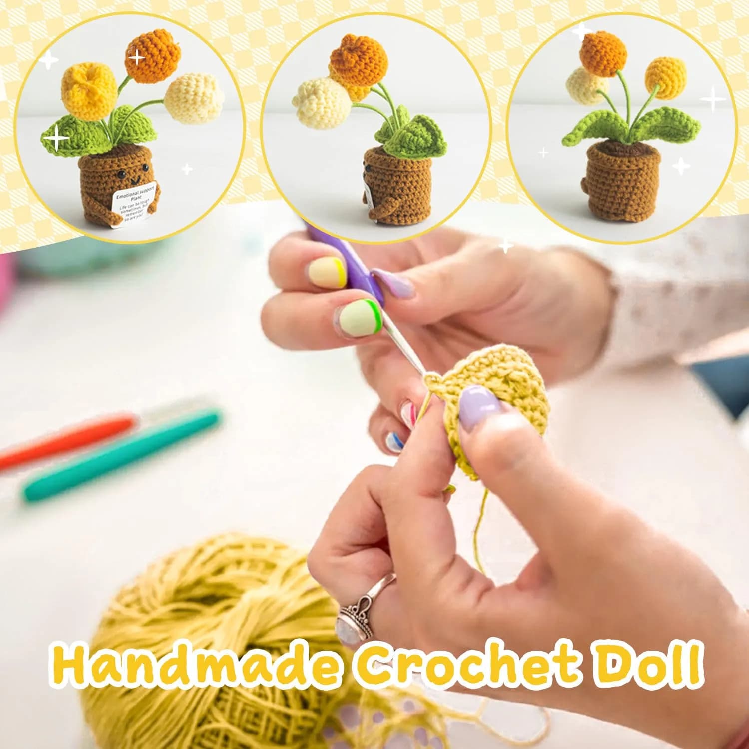 MS ZHENQIAO Tulip Yellow Crochet Flower Potted Plant Gift | Emotional Support Figurine - view 4