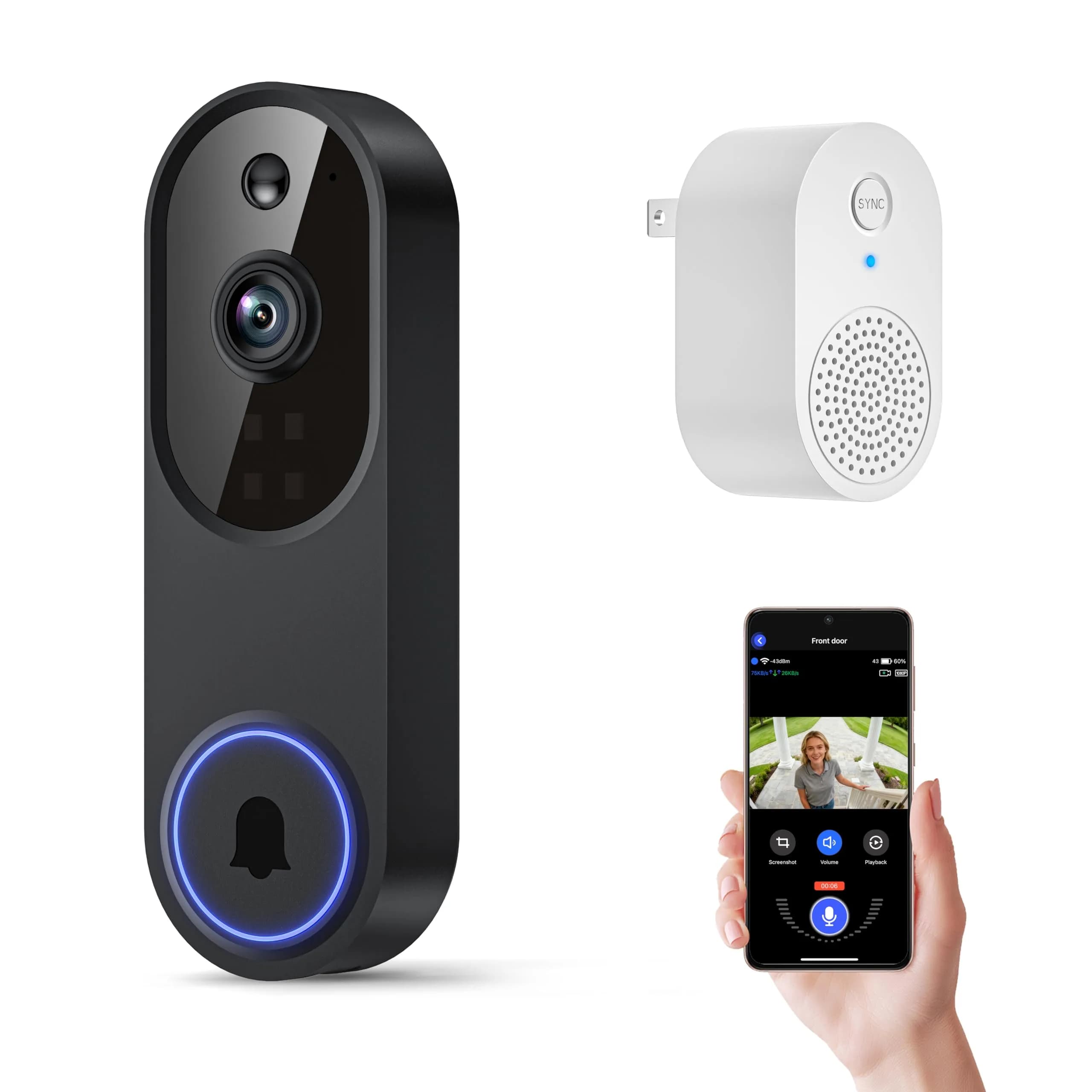 Orbitell 1080p Wireless Wi-Fi Video Doorbell Camera with Two Way Audio, Night Vision, Cloud Storage | AI Motion Detection