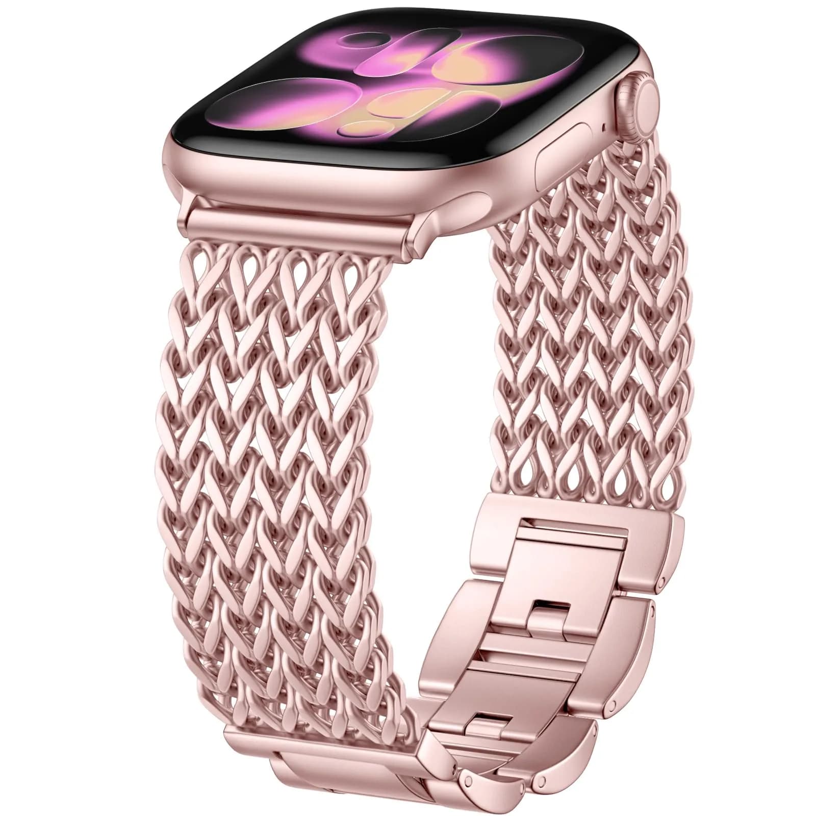 SNBLK Metal Band Compatible with Apple Watch Series 11/10/9/8/7/6/5/4/3/2 40mm-49mm | Dressy Stainless Steel Link Bracelet — Rose Gold