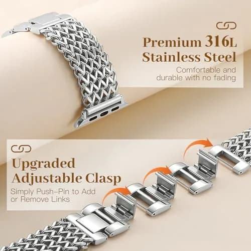 SNBLK Metal Band Compatible with Apple Watch Series 11/10/9/8/7/6/5/4/3/2 40mm-49mm | Dressy Stainless Steel Link Bracelet thumbnail 4