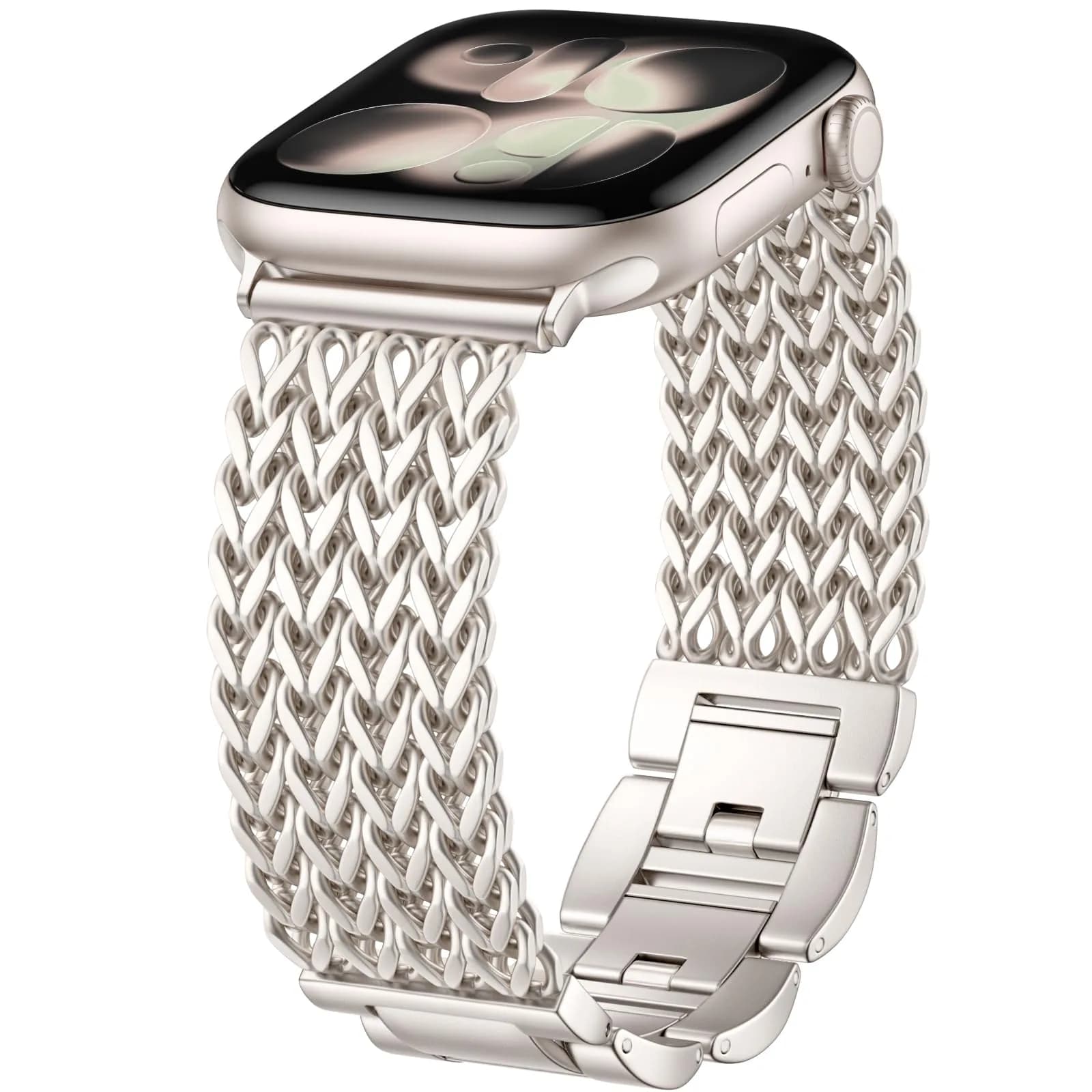 SNBLK Metal Band Compatible with Apple Watch Series 11/10/9/8/7/6/5/4/3/2 40mm-49mm | Dressy Stainless Steel Link Bracelet — Starlight