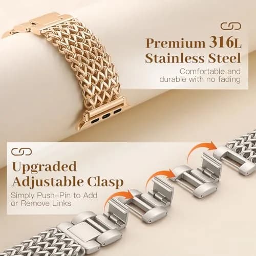 SNBLK Metal Band Compatible with Apple Watch Series 1-11 & SE 40mm-46mm | Dressy Stainless Steel Link Bracelet for Women thumbnail 4