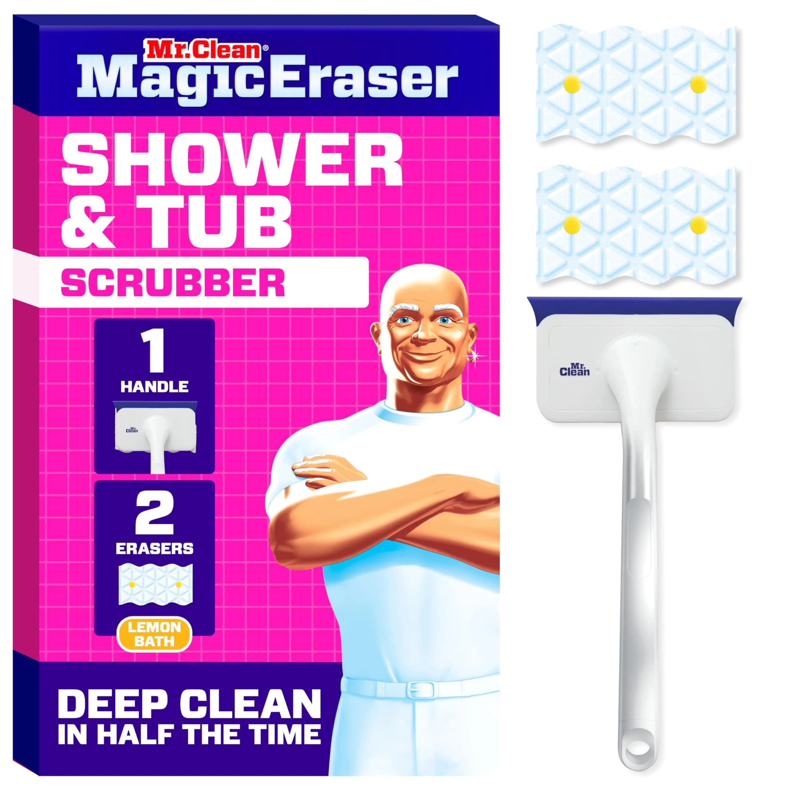 Mr. Clean Magic Eraser Shower & Tub Scrubber Starter Kit with Lemon Foaming Erasers & Extra Durable Eraser — 1 Device + 2 Refills
