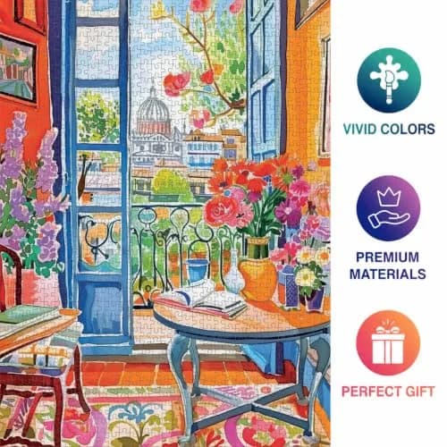 Cross & Glory 1000 Piece Jigsaw Puzzle Room with a Bloom | Vibrant City & Floral Scene for Adults thumbnail 5