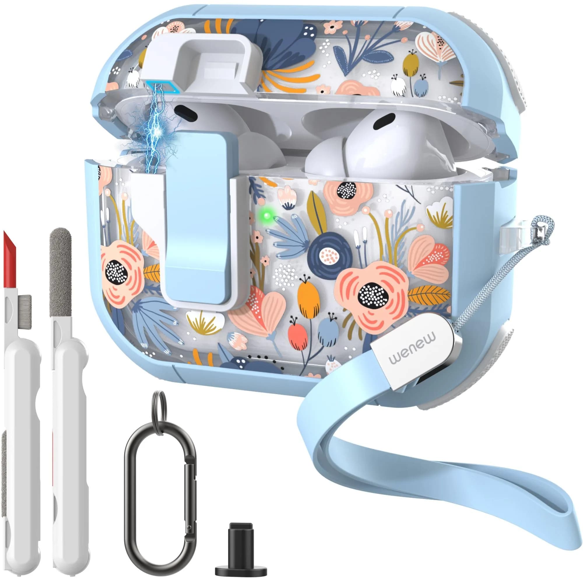wenew AirPods Pro 3 Case (2025) Cover Stylish Flower Hard Shell Blue | Full Body, Wireless Support