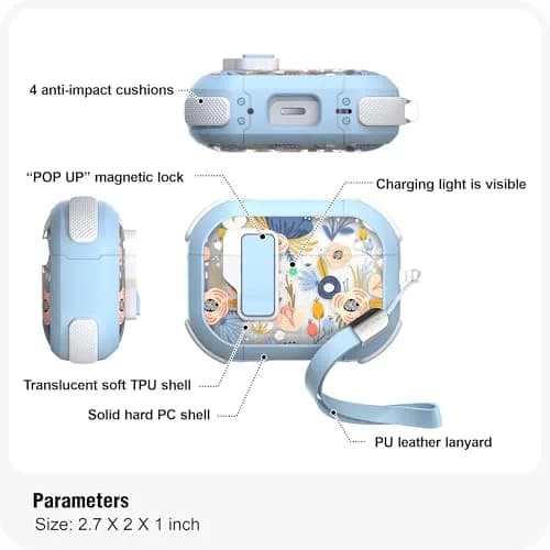 wenew AirPods Pro 3 Case (2025) Cover Stylish Flower Hard Shell Blue | Full Body, Wireless Support thumbnail 3