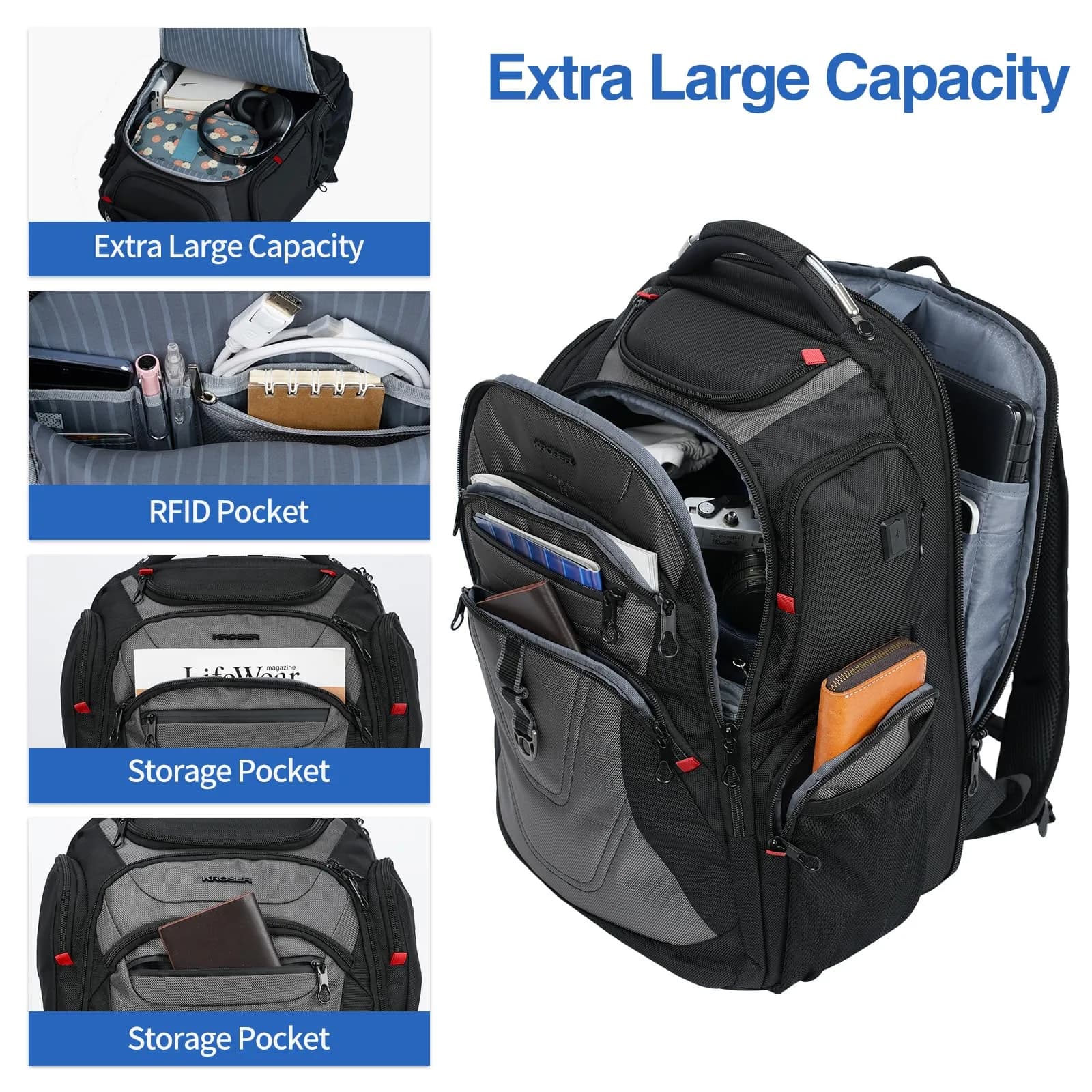 KROSER TSA Friendly Laptop Backpack 17.3 inch XXXL Gaming Backpack with RFID Pockets & USB Port | Water-Repellent Ballistic Fabric - view 3