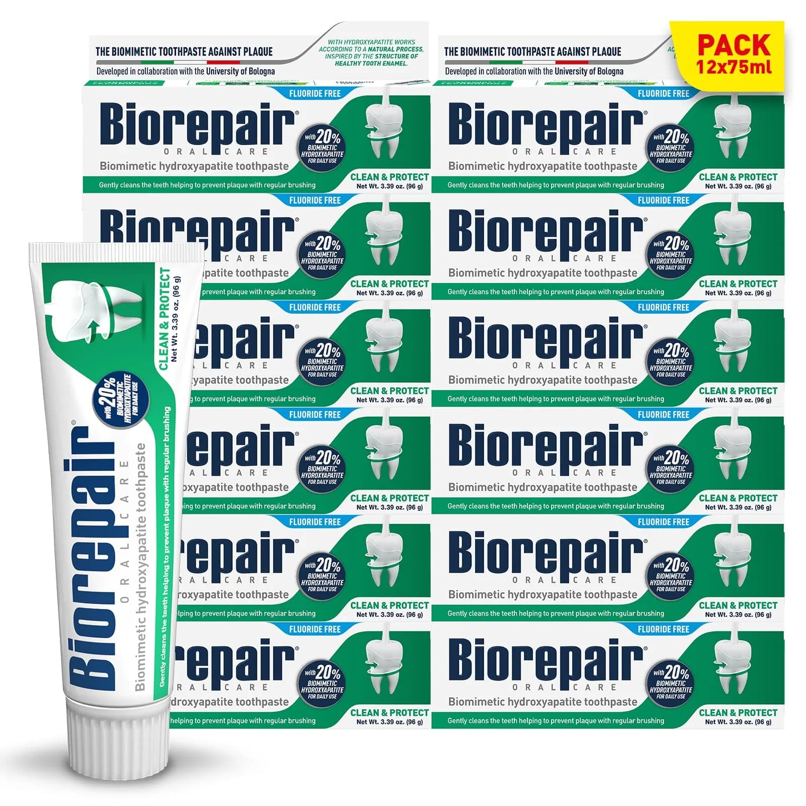 Biorepair Clean & Protect Hydroxyapatite Toothpaste 96g (3.39 Oz) | Fluoride-Free Enamel Care — 3.39 oz x 12