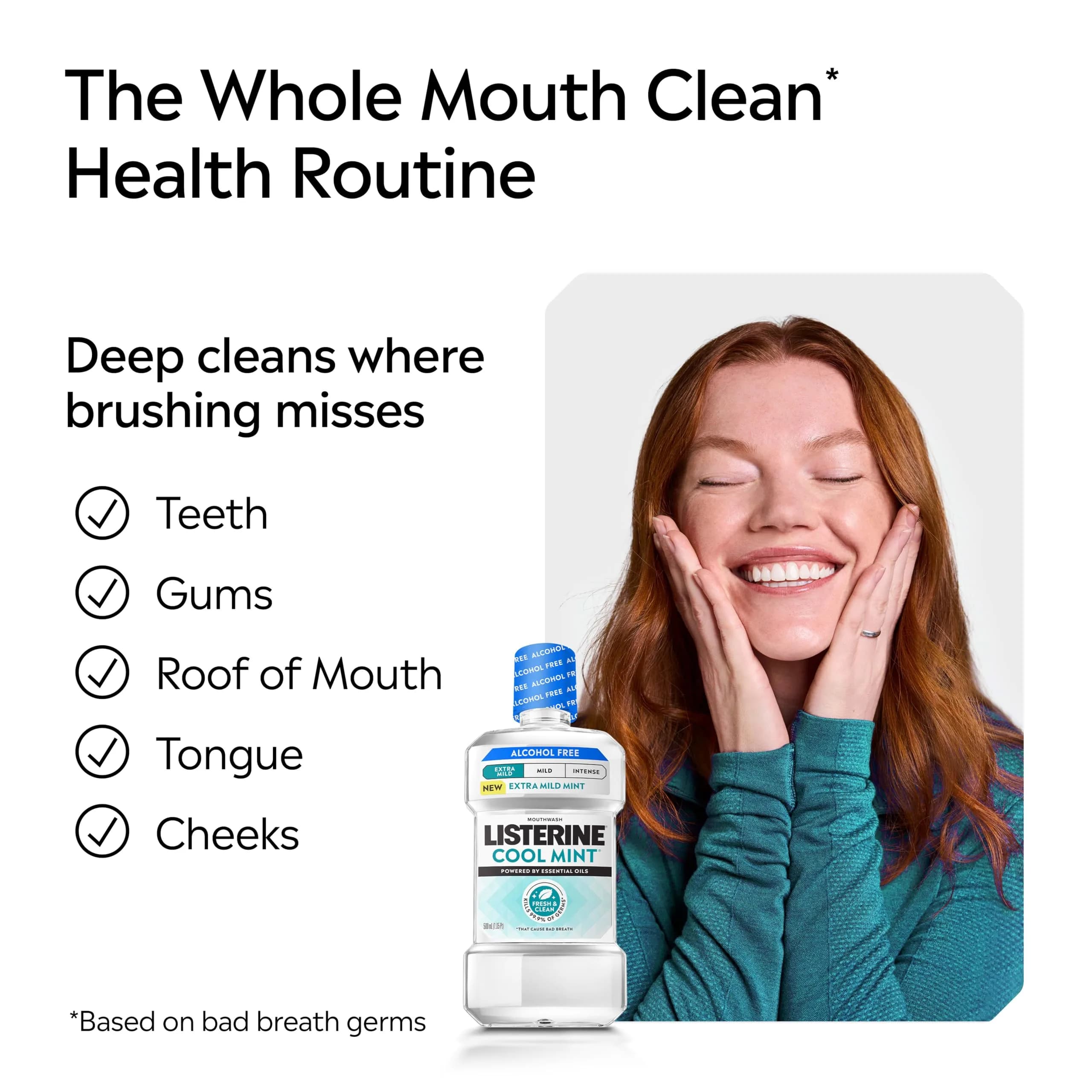 Listerine Extra Mild Alcohol-Free Mouthwash, Cool Mint, 1L (33.8 fl oz) | Kills 99.9% of Bad Breath Germs - view 5