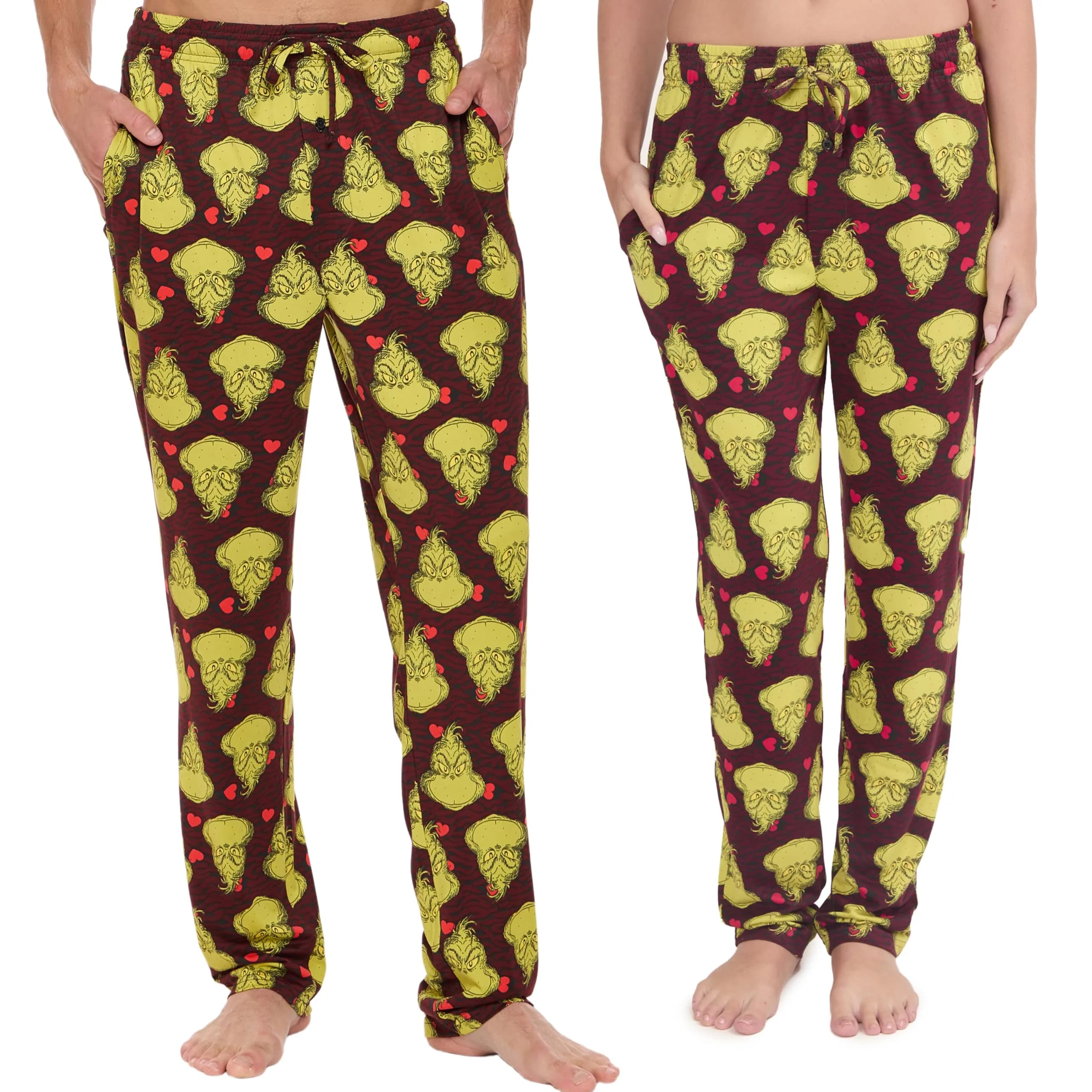 Dr. Seuss The Grinch Who Stole Christmas Lounge Pants with Pockets MultiPrints | Unisex Cozy Holiday Wear (70-120 chars) — Dark Red - Heart Toss