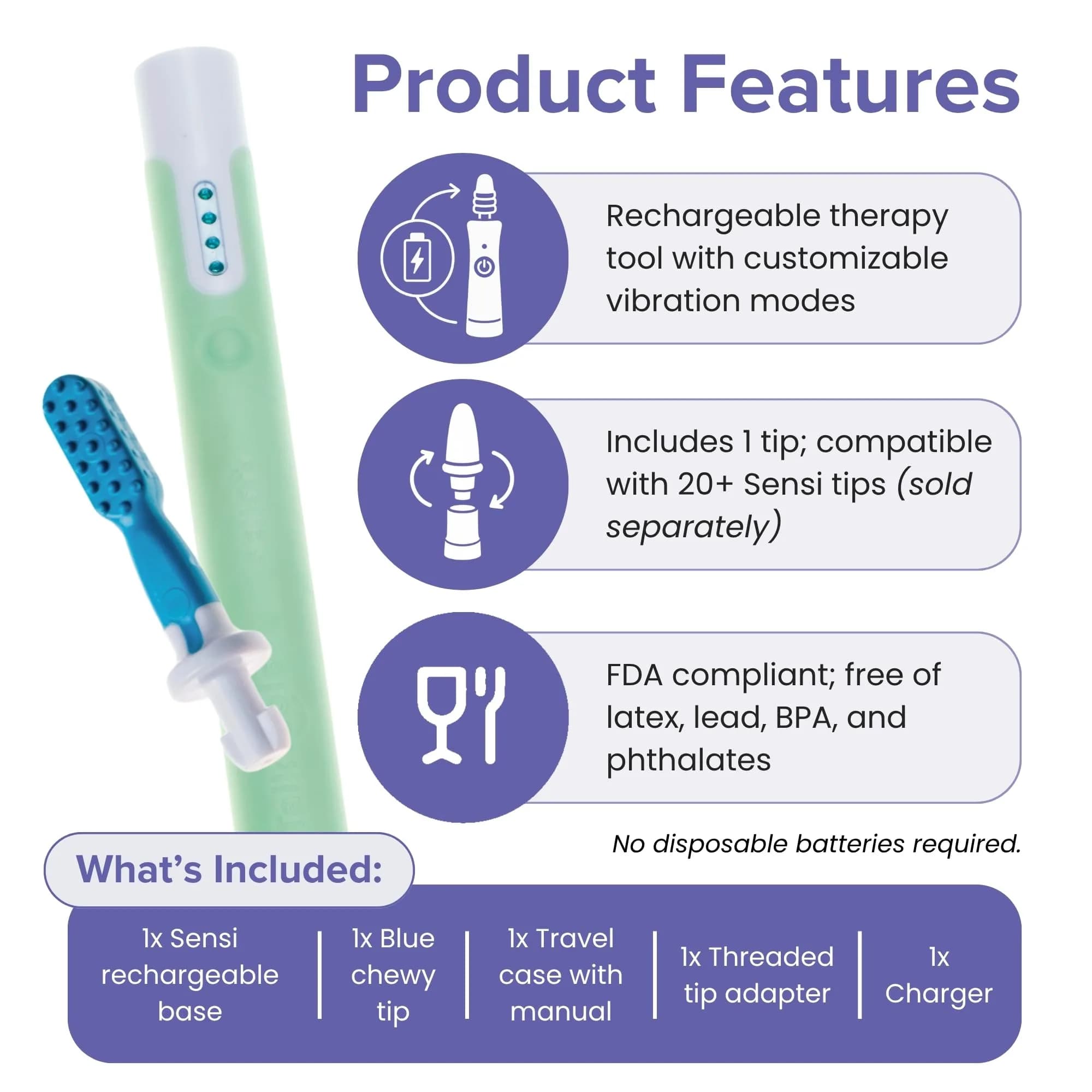 TalkTools Sensi Oral Motor Therapy Essential with Blue Chewy Tip & Pouch, Rechargeable Vibration Tool 156 g (5.5 oz) | For Speech & Feeding Therapy - view 3