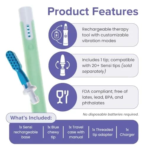 TalkTools Sensi Oral Motor Therapy Essential with Blue Chewy Tip & Pouch, Rechargeable Vibration Tool 156 g (5.5 oz) | For Speech & Feeding Therapy thumbnail 3