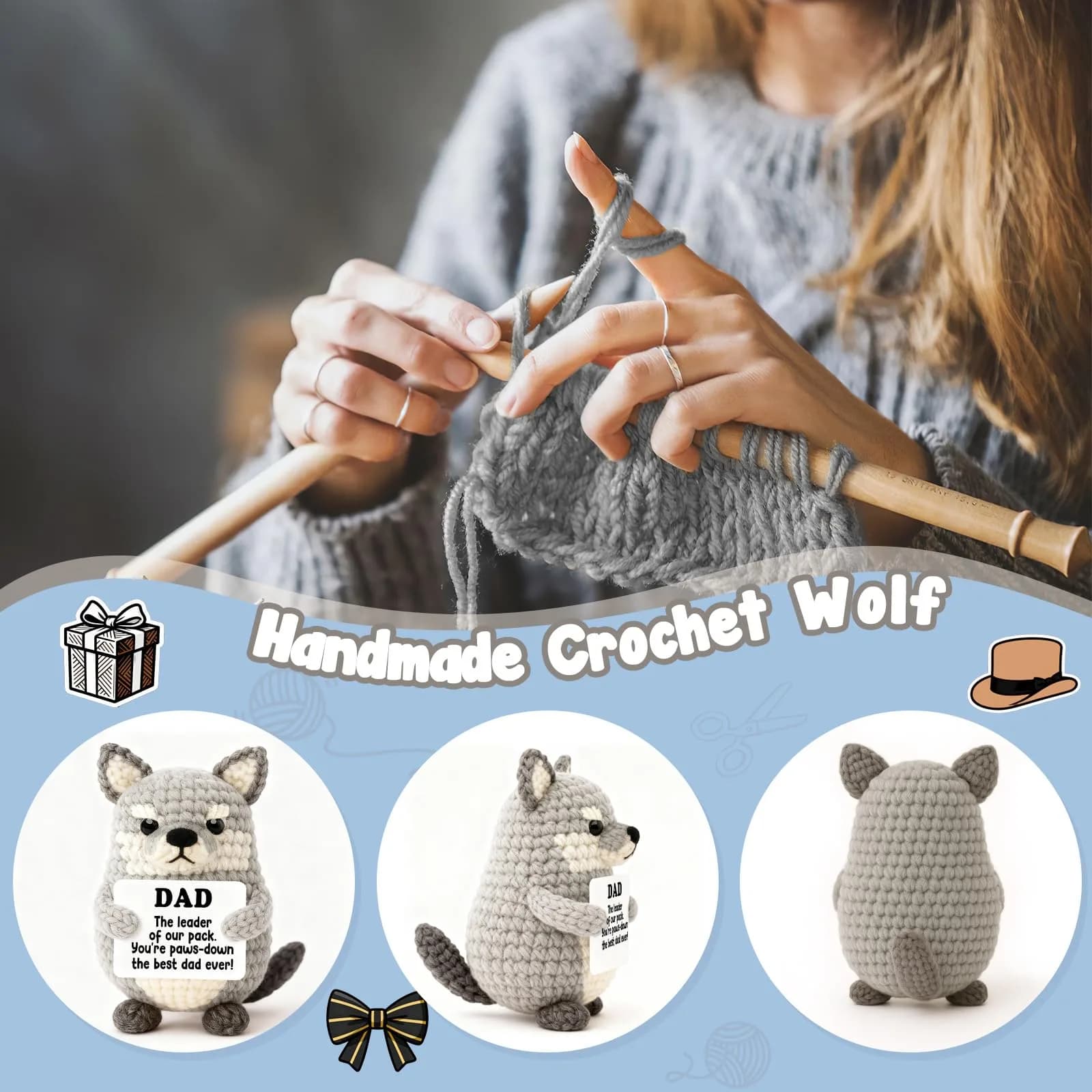 WEYON Handmade Crochet Wolf Plush Toy | Perfect Gift for Dad from Kids | Symbolic Pack Leader Birthday Present - view 3