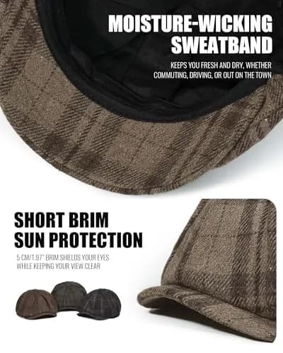 Croogo Plaid Newsboy Cap Classic Vintage Flat Cap Gatsby Ivy Golf Cabbie Hat Winter Beret Caps,GrayGreen-NB25Q12 | Unisex Vintage Style thumbnail 4