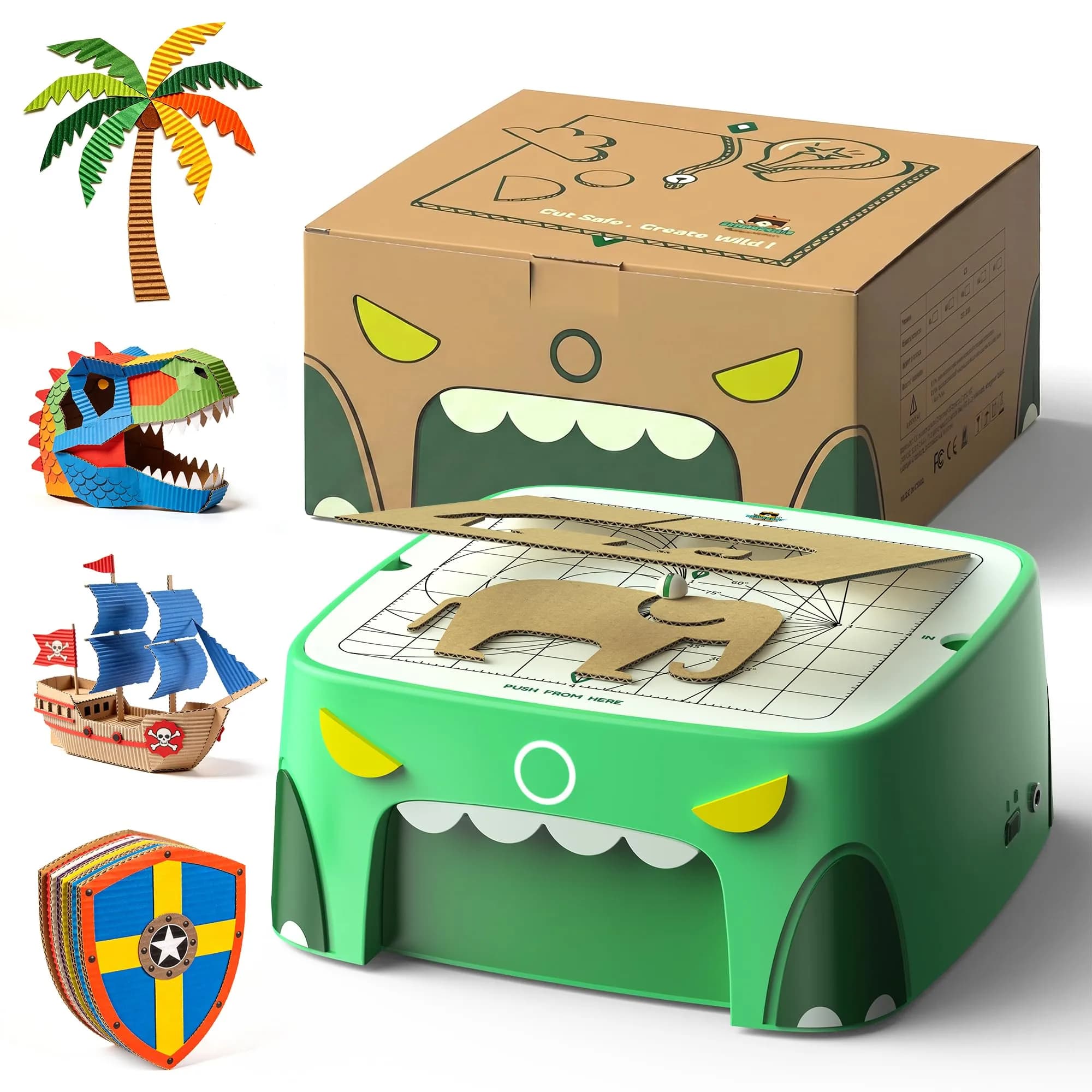 BEAVERBOT C2 Upgraded Cardboard Cutter for Kids, Dual Speed Dinosaur, Green | Safe bladeless design for precise craft cuts