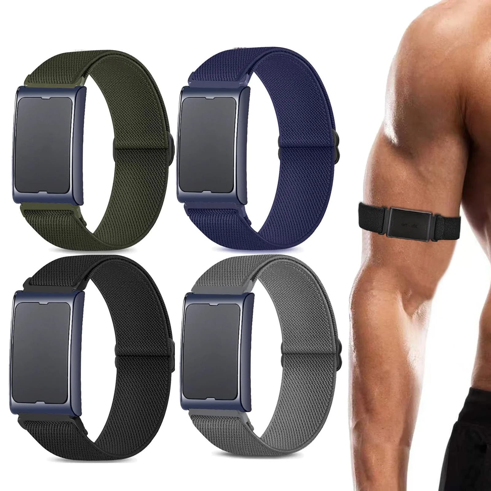 CUNUJIX 4 Pack Stretchy Watch Bands for Amazfit Helio Strap 22mm | Nylon Elastic Sport Bands — Black/Gray/Army Green/Navy Blue