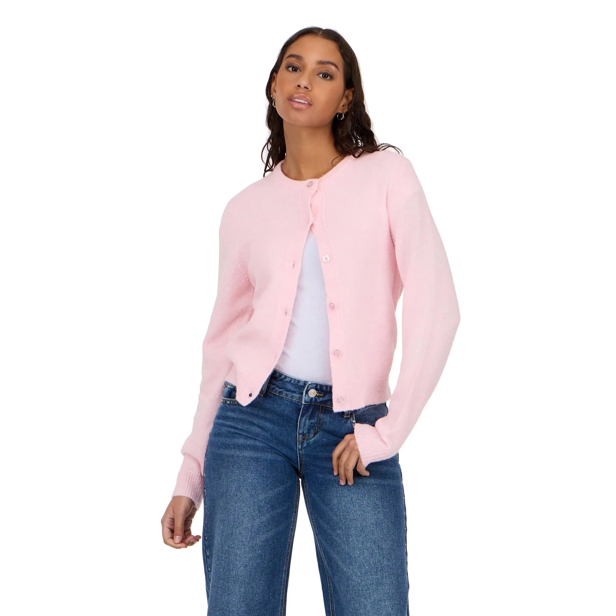 Forever 21 Women’s Cardigan Sweater – Soft Knit Long Sleeve Button Front Layer for Casual Wear, Pink Large