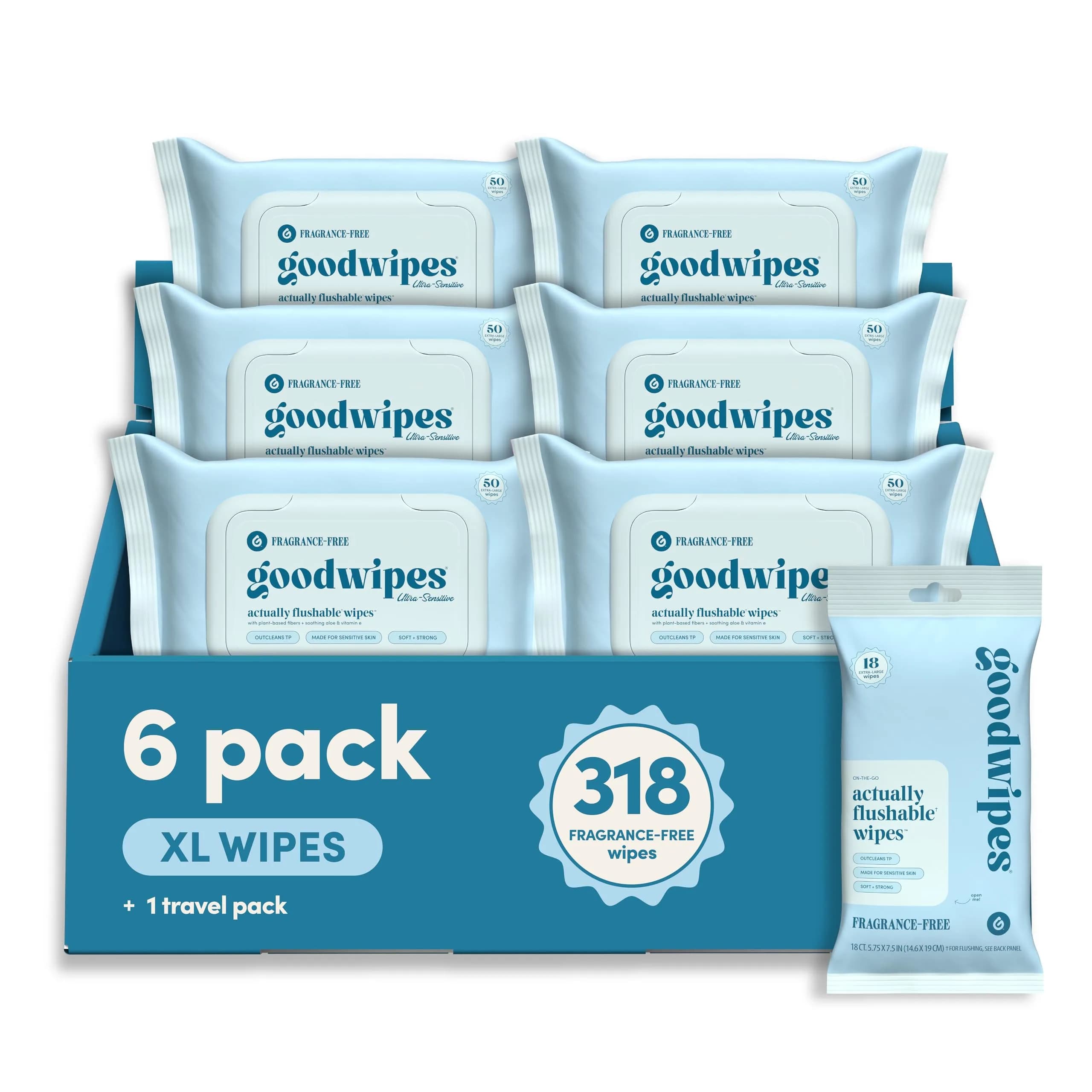 goodwipes Flushable Wipes 300 Count (Pack of 6) Fragrance-Free | Septic Safe, Extra Large, Adult Wet Wipes - main product image
